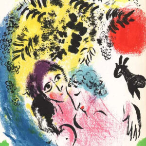 Марк Шагал. Литография «Влюбленные на красном солнце», 1960